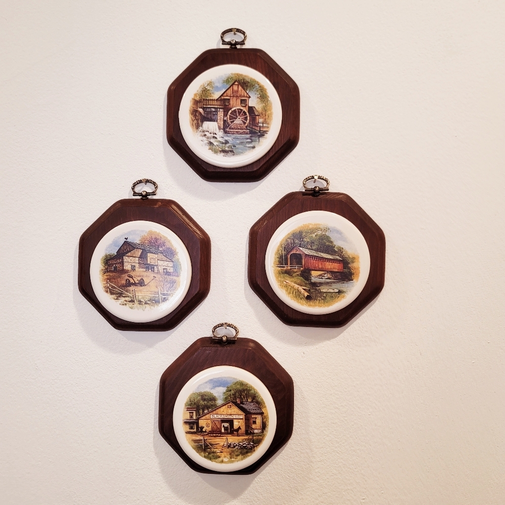 4 x Vintage Ceramic Miniature Tiles Plates on Octagon Wood.